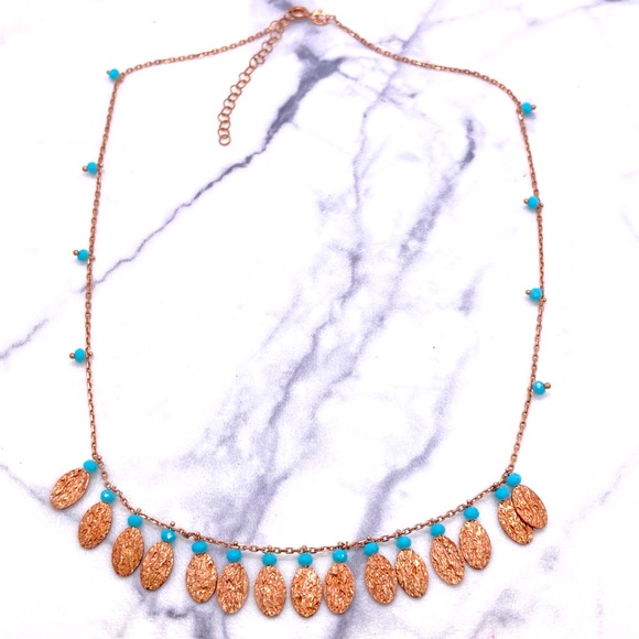 Rose Gold Tone Botanical Themed Necklace with Turquoise Colored Faceted Beads - Picture 1 of 7